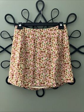 Floral Cream Mini Skirt with Pink & Brown Print
